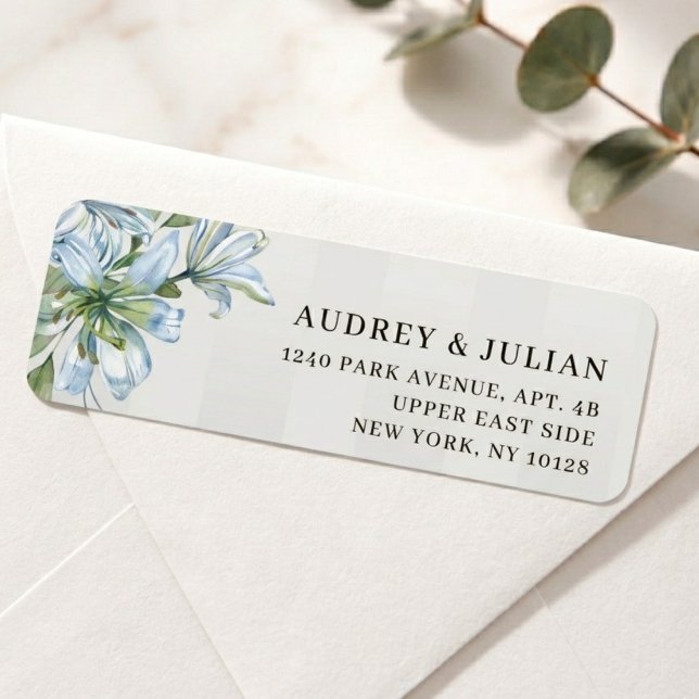 Blue Lily & Soft Grey Stripe Return Address Label (Creator Uploaded)