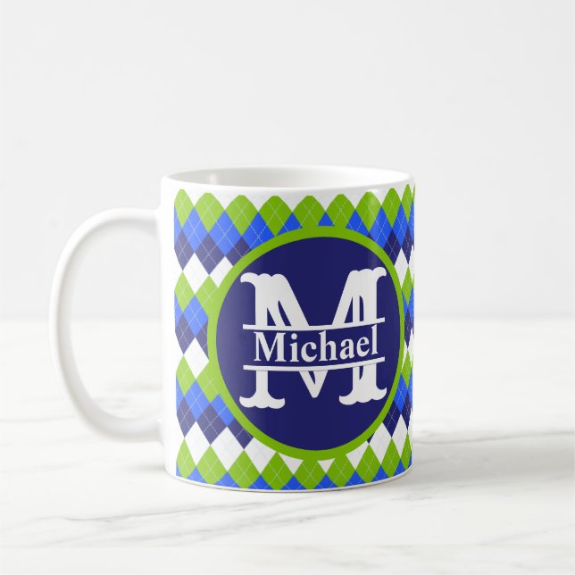 Blue, Lime Green and White Argyle Monogram Coffee  Coffee Mug (Left)