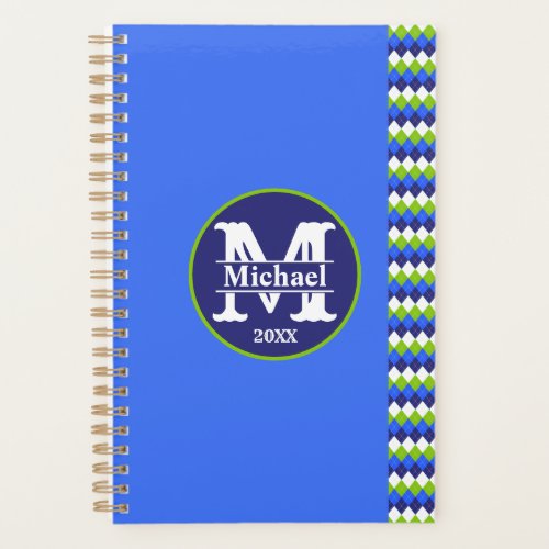 Blue Lime Green and White Argyle Monogram Planner