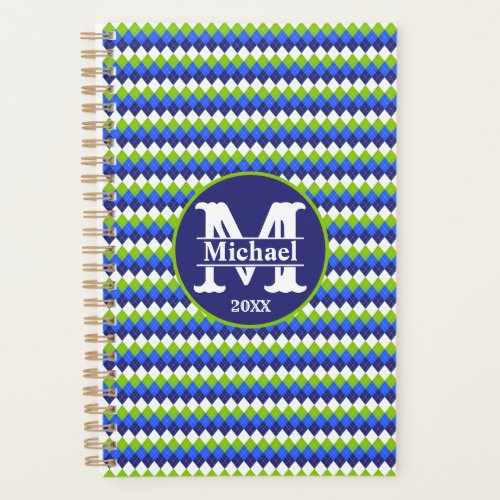 Blue Lime Green and White Argyle Monogram Planner
