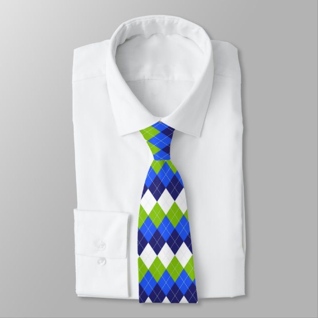 Blue, Lime Green and White Argyle Neck Tie (Tied)