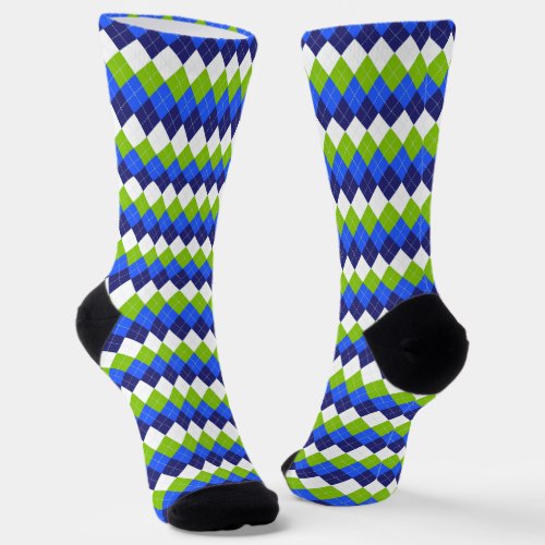 Blue Lime Green and White Argyle Sustainable Socks