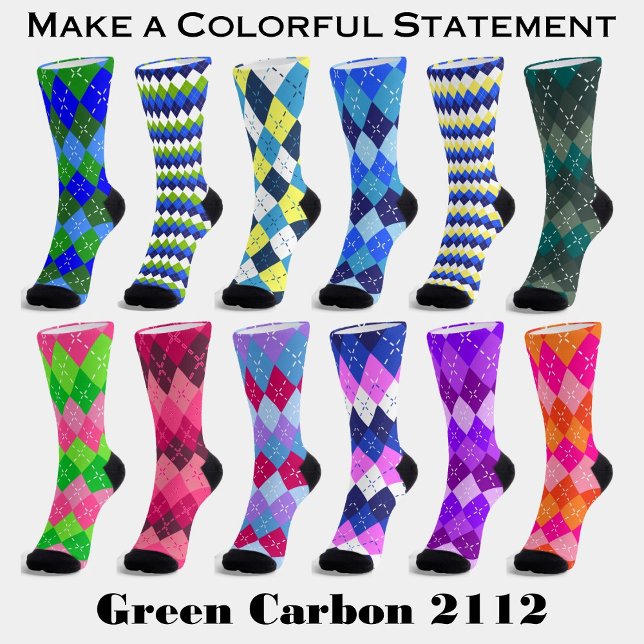 Blue, Lime Green and White Argyle Sustainable Socks (Make a colorful statement with Green Carbon 2112 argyle socks.)