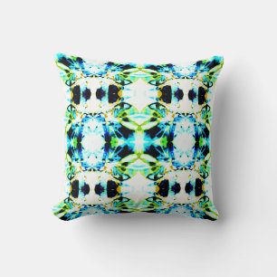Blue Lime Green Gold Black Large Tile Design Throw Pillow
