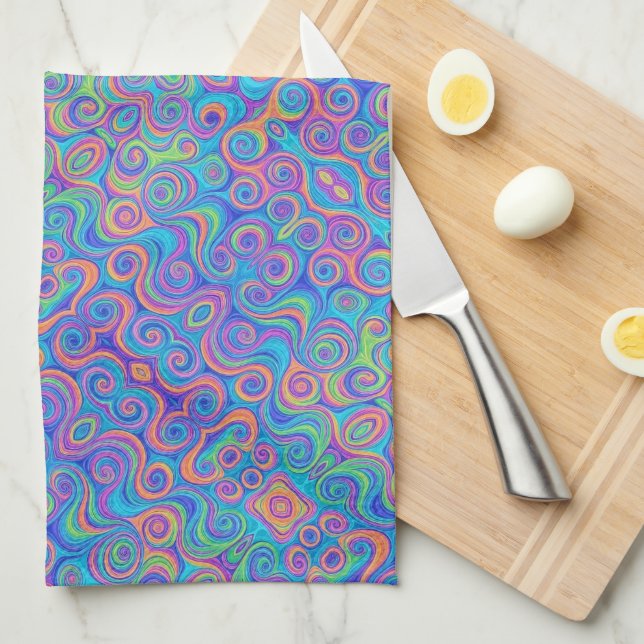 Blue, Lime Green, Purple, Orange Swirl Pattern Kitchen Towel (Quarter Fold)