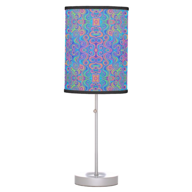 Blue, Lime Green, Purple, Orange Swirl Pattern Table Lamp (Front)