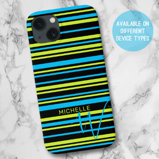 Blue Lime Green Simple Stripes Pattern Monogram