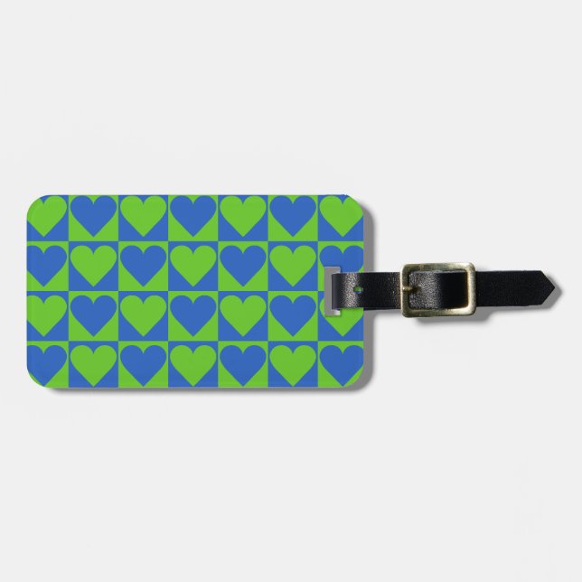 Blue / Lime Heart Pattern custom luggage tag (Front Horizontal)