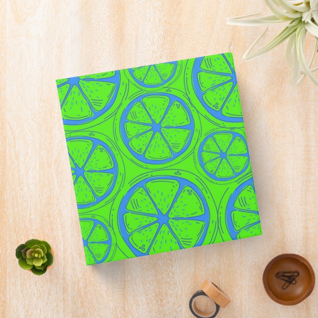 Blue Lime Lemon Pattern with Neon Green Background 3 Ring Binder (In Situ)