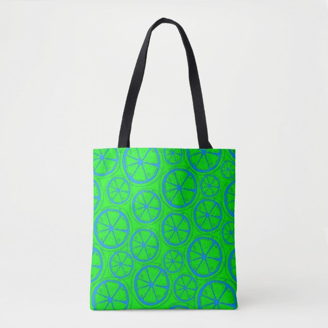 Blue Lime Lemon Pattern with Neon Green Background Tote Bag (Front)