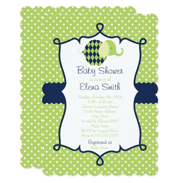 Blue & Lime Polka Dot Elephant Baby Shower Invitation