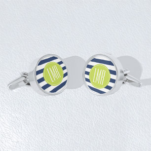 Blue Lime Stripes Pattern Contemporary Monogram Gunmetal Finish Cufflinks
