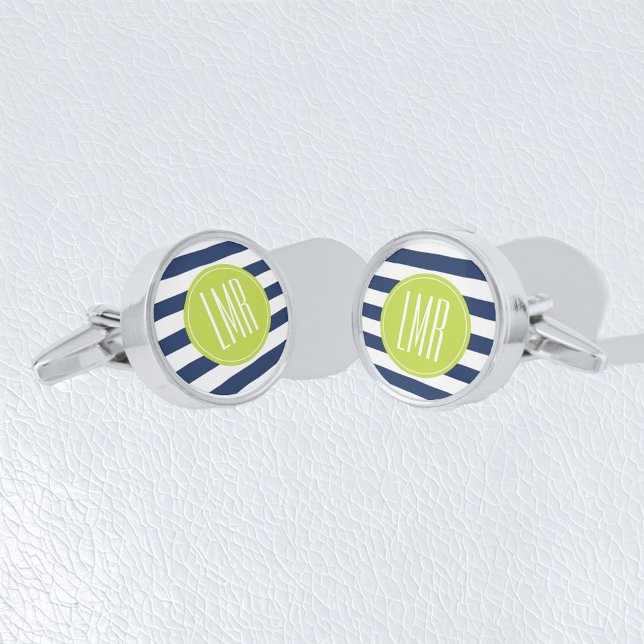 Blue Lime Stripes Pattern Contemporary Monogram Gunmetal Finish Cufflinks (Creator Uploaded)