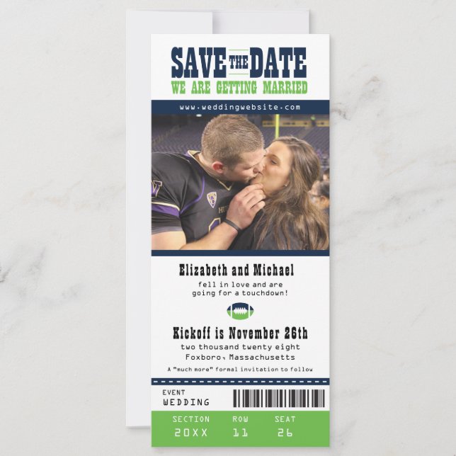 Blue Lime Wedding Save the Date Football Ticket (Front)
