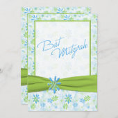 Blue, Lime, White Floral with Lime Faux Ribbon Invitation (Front/Back)