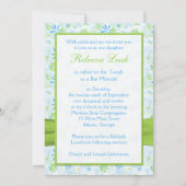 Blue, Lime, White Floral with Lime Faux Ribbon Invitation (Back)