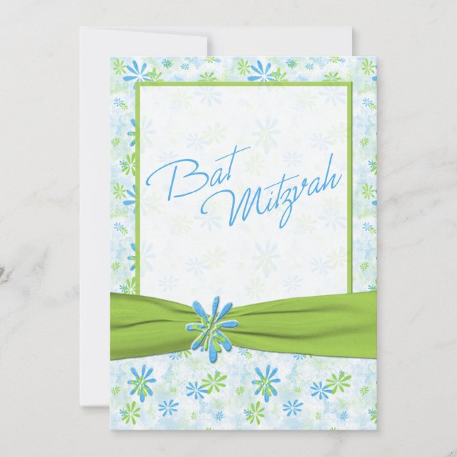 Blue, Lime, White Floral with Lime Faux Ribbon Invitation (Front)