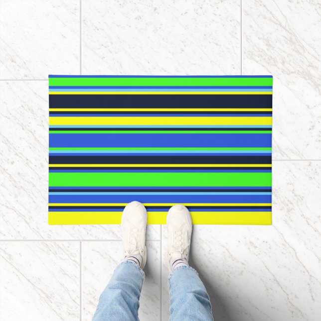 Blue, Lime, & Yellow Striped Door Mat (Indoor)