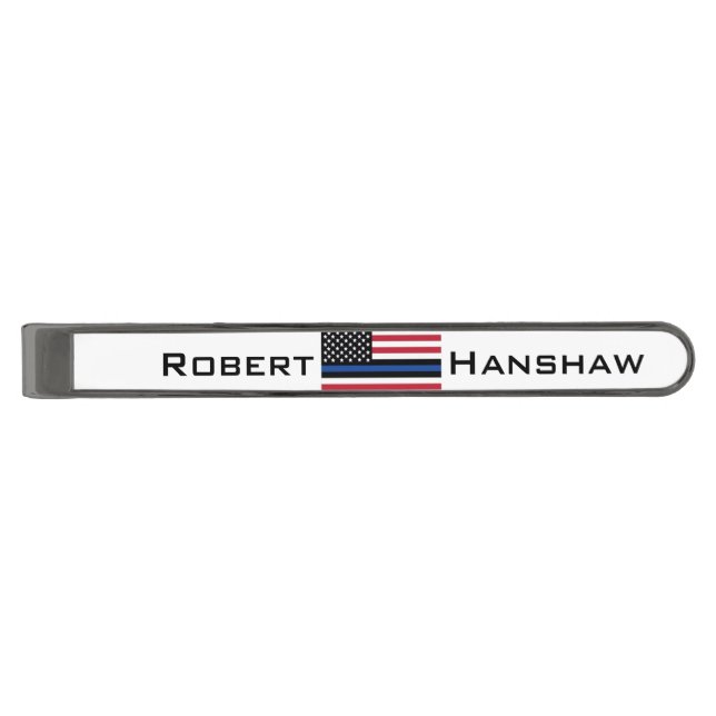 Blue Line American Flag Police Tie Bar Gun Metal (Front)