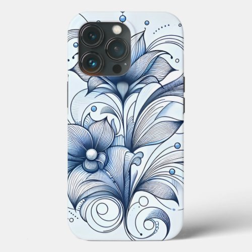 Blue Line Art Abstract Flower Decoration for Desig iPhone 13 Pro Case