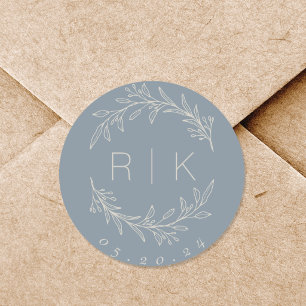 Blue Line Art Botanical Wreath Wedding Monogram Classic Round Sticker