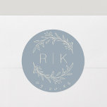 Blue Line Art Botanical Wreath Wedding Monogram Classic Round Sticker<br><div class="desc">Custom-designed wedding monogram stickers featuring elegant hand drawn style white beige botanical wreath with couple's initials and wedding date on dusty blue background. Perfect for wedding save the dates,  envelops,  wedding favor packagings and more.</div>