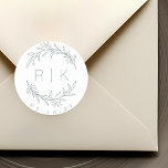 Blue Line Art Botanical Wreath Wedding Monogram Classic Round Sticker<br><div class="desc">Custom-designed wedding monogram stickers featuring elegant hand drawn style dusty blue botanical wreath with couple's initials and wedding date. Perfect for wedding save the dates,  envelops,  wedding favor packagings and more.</div>