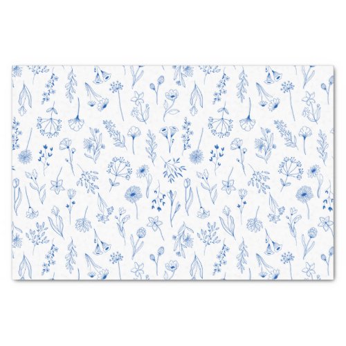 Blue Line Art Mixed Garden Sketch Flowers Tissue Paper