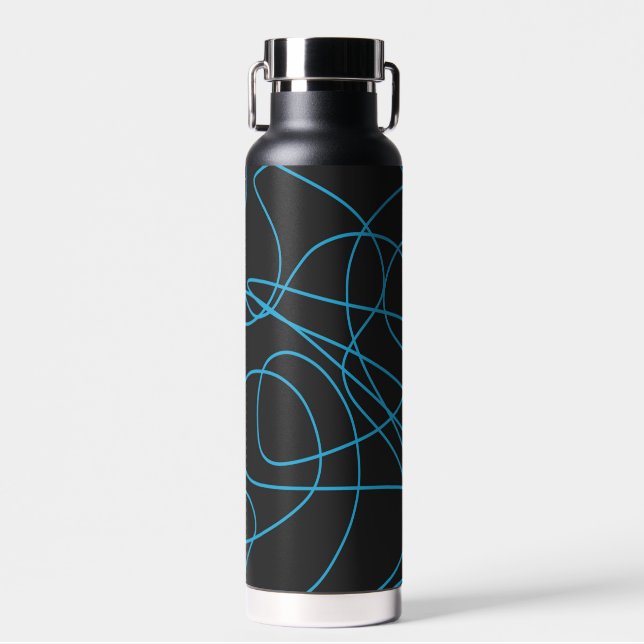 Blue Line Art on Black Water Bottle (Front)