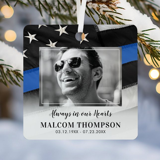 Blue Line Cop Photo Memorial Metal Ornament (Creator Uploaded)
