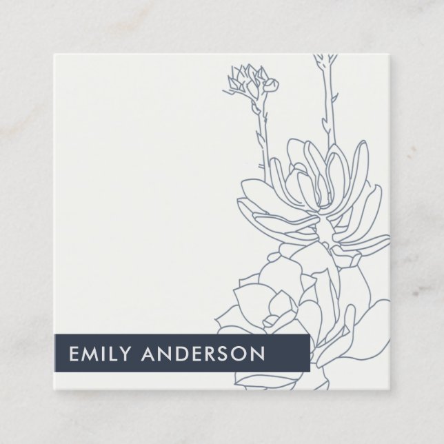 BLUE LINE DRAWING DESERT CACTI SUCCULENT FOLIAGE SQUARE BUSINESS CARD (Front)