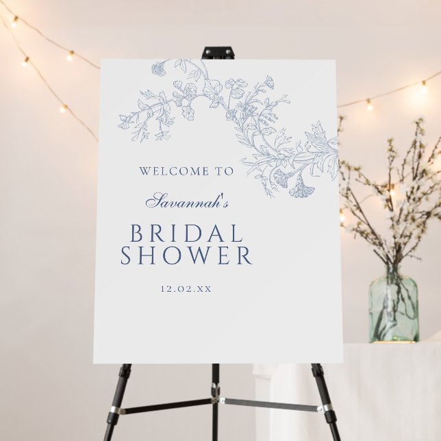 Blue Line Drawn Floral Bridal Shower Welcome Foam Board (In Situ (Stand))