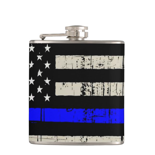 Blue Line Flag Poilice Support American USA Flask (Front)