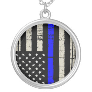 Blue Line Flag Poilice Support American USA Silver Plated Necklace