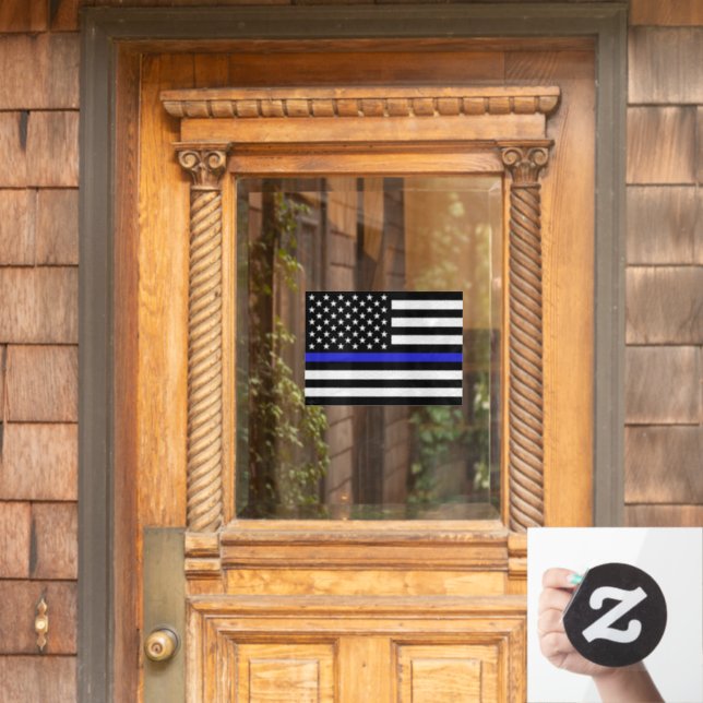 Blue Line Flag Window Sign, Police, American Flag Window Cling (Home Door)