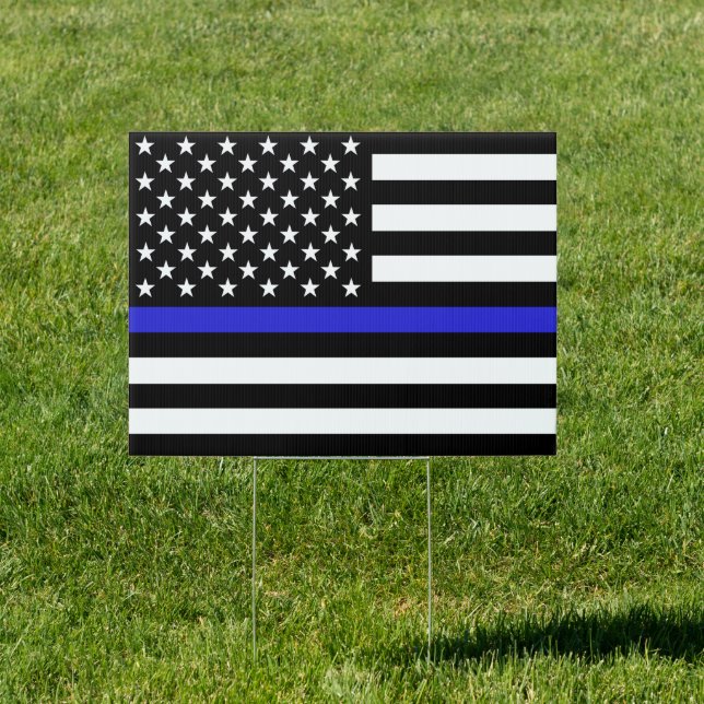 Blue Line Flag Yard Sign, Police, American Flag Sign (Insitu)