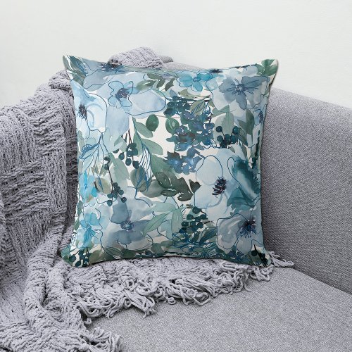 Blue Line Flowers and Berries Throw Pillow