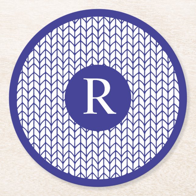 BLUE LINE KNIT Round Paper Coasters + Initial II (Front)