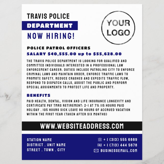 Blue Line & Logo, Police Officer, Law Recruitment Flyer (Front)