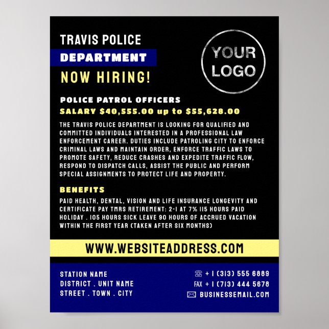 Blue Line & Logo, Police Officer, Law Recruitment Poster (Front)