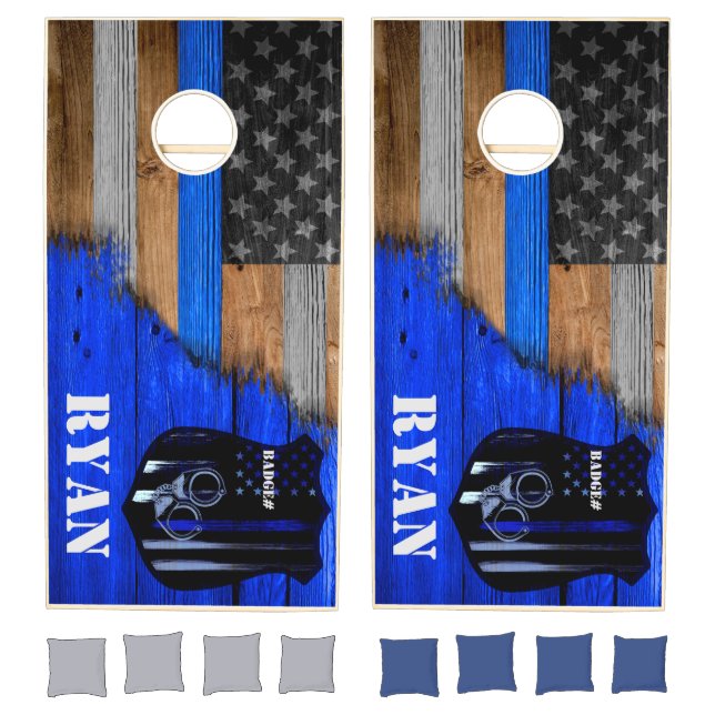  Blue Line Officer Wood Cornhole Set (Set)