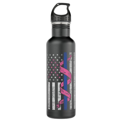 Blue Line Police US Flag Pink Ribbon Breast Cancer Stainless Steel Water Bottle