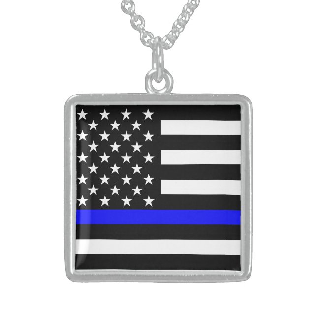 Blue Line US Flag Sterling Silver Necklace (Front)