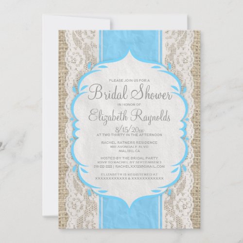 Blue Linen Burlap &amp; Lace Bridal Shower Invitations