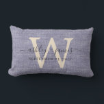 Blue Linen Ivory Monogram Wedding Keepsake Lumbar Pillow<br><div class="desc">Elegant wedding keepsake blue woven linen effect pillow with your text in dark gray chic handwritten script calligraphy. Simply add your names, monogram and wedding date. Great gift for a newlywed couple. Exclusively designed for you by Happy Dolphin Studio. If you need any help or matching products, please contact us...</div>