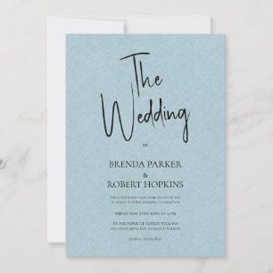 Blue linen Simple Black Script Wedding Invite
