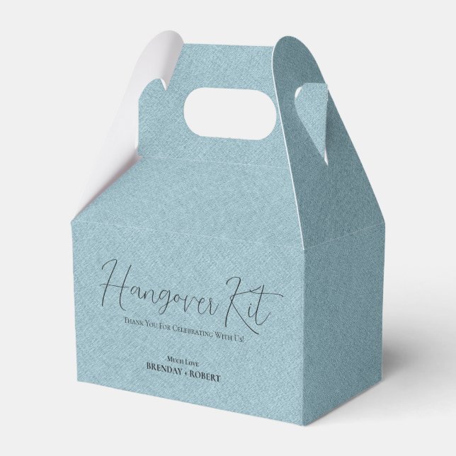 Blue linen Simple Script Hangover Recovery Kit Favor Boxes (Back Side)
