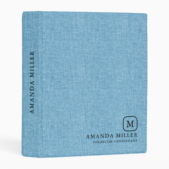 Blue Linen Texture Minimalistic Gray Typography Mini Binder (Front/Spine)