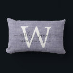 Blue Linen White Monogram Wedding Keepsake Lumbar Pillow<br><div class="desc">Elegant wedding keepsake blue woven linen effect pillow with your text in dark gray chic handwritten script calligraphy. Simply add your names, monogram and wedding date. Great gift for a newlywed couple. Exclusively designed for you by Happy Dolphin Studio. If you need any help or matching products, please contact us...</div>