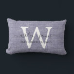 Blue Linen White Monogram Wedding Keepsake Lumbar Pillow<br><div class="desc">Elegant wedding keepsake blue woven linen effect pillow with your text in dark gray chic handwritten script calligraphy. Simply add your names, monogram and wedding date. Great gift for a newlywed couple. Exclusively designed for you by Happy Dolphin Studio. If you need any help or matching products, please contact us...</div>